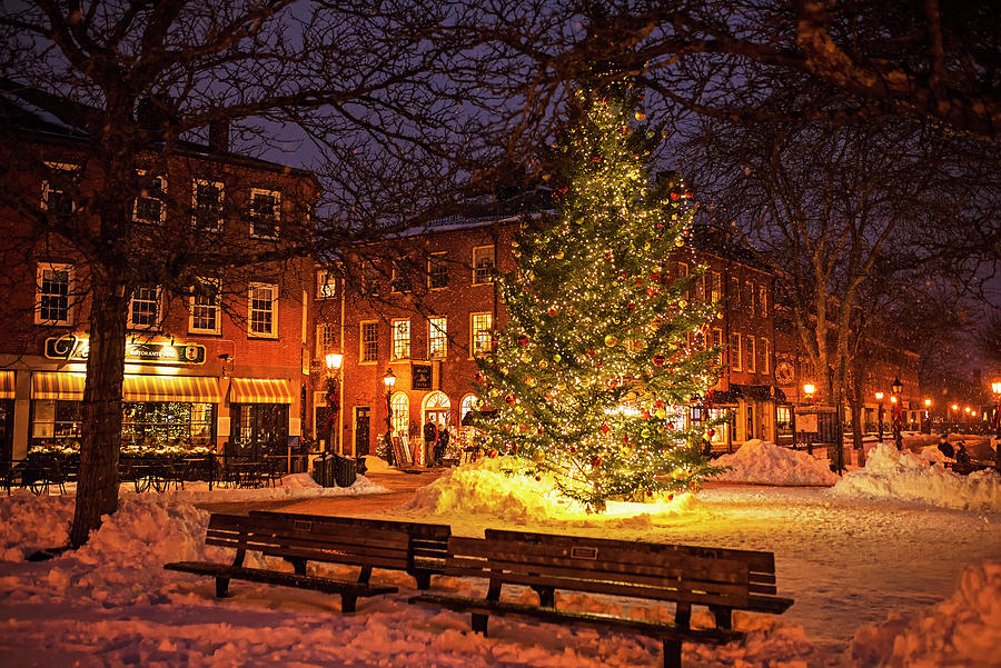 Christmas and Hanukkah in Newburyport Massachusetts Market Square Snow Storm Photograph by Toby McGuire