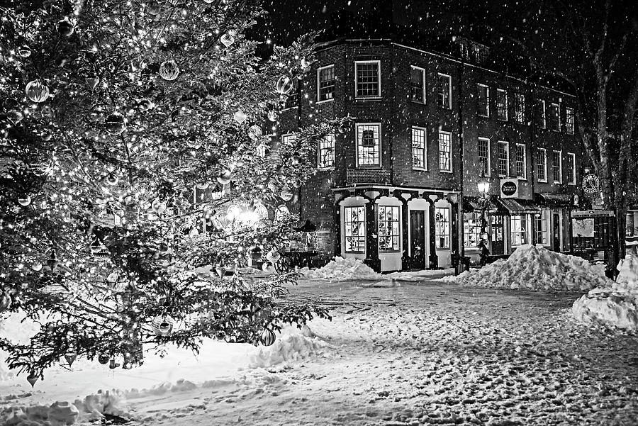 Christmas and Hanukkah in Newburyport Massachusetts Snow Storm Black and White Photograph by Toby McGuire