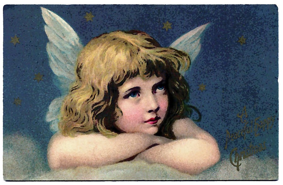 Christmas Angel resting on clouds Painting by Muirhead Gallery