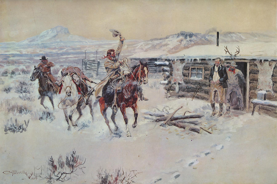 Christmas at the Line Camp Drawing by Charles Russell