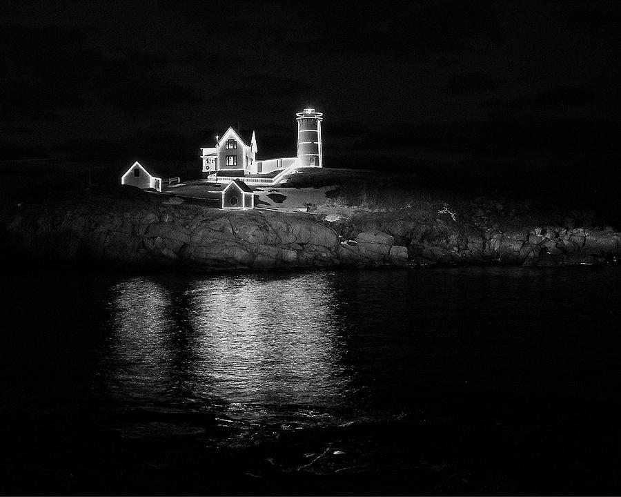 Christmas at the Nubble BW Photograph by Steven Ralser
