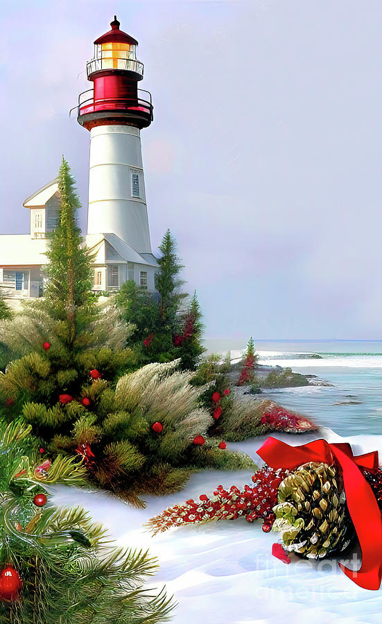 Christmas at the Ocean Lighthouse Digital Art by Elaine Manley