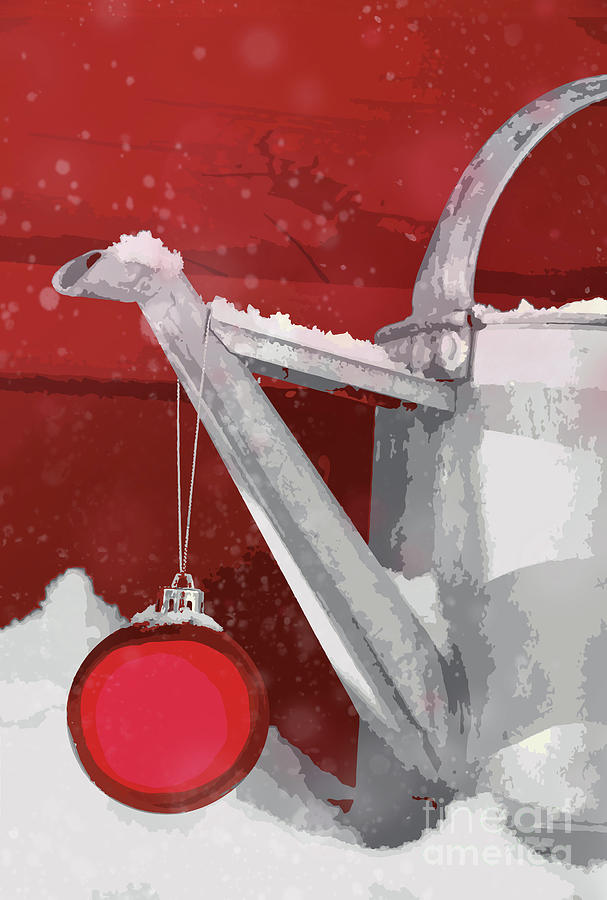 Christmas ball on watering can in the snow Digital Art by Sandra Cunningham