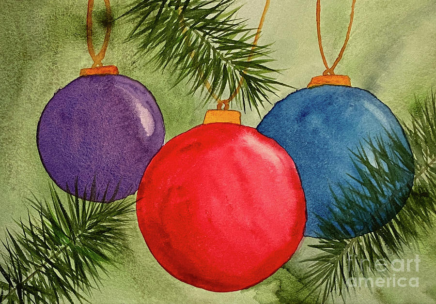 Christmas Balls and Pine Branches Painting by Lisa Neuman