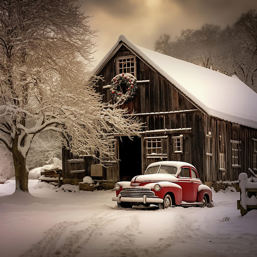 Christmas Barn With Vintage Car  Photograph by Debra Forand