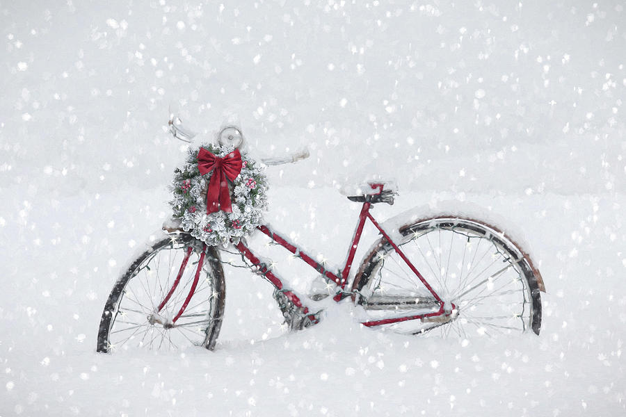 Christmas Bicycle in the Snow Mixed Media by Lori Deiter