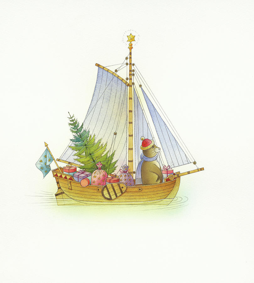 Christmas boat Drawing by Kestutis Kasparavicius