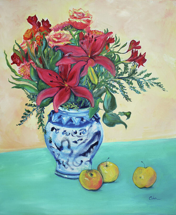 Red Lilies Painting - Christmas Bouquet with Garden Apples by Asha Carolyn Young