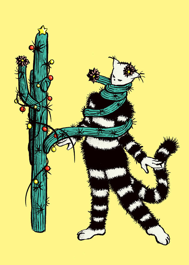 Christmas Drawing - Christmas Cactus Hugs Cute Kitty by Boriana Giormova