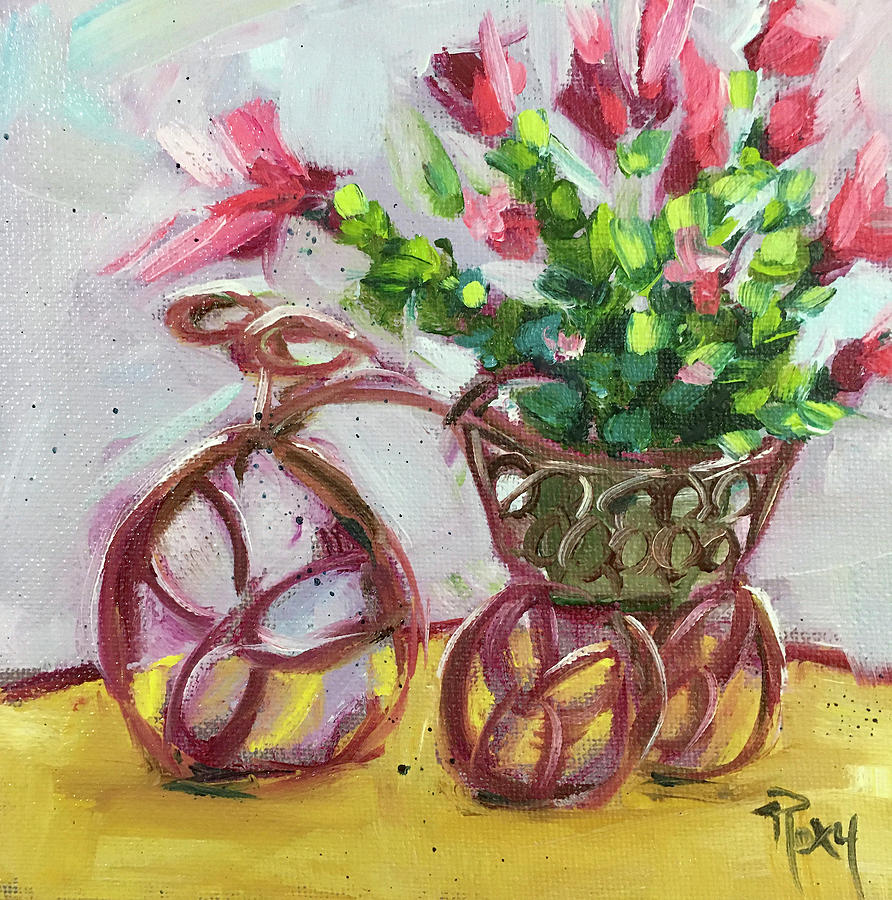Christmas Cactus in a French Bicycle Painting by Roxy Rich