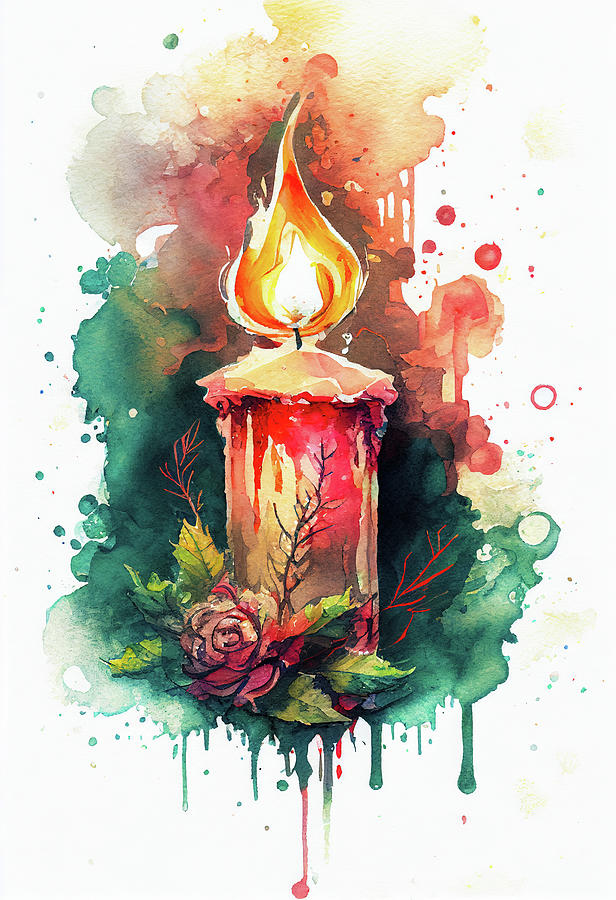 Christmas Candle Watercolor Art 01 Digital Art