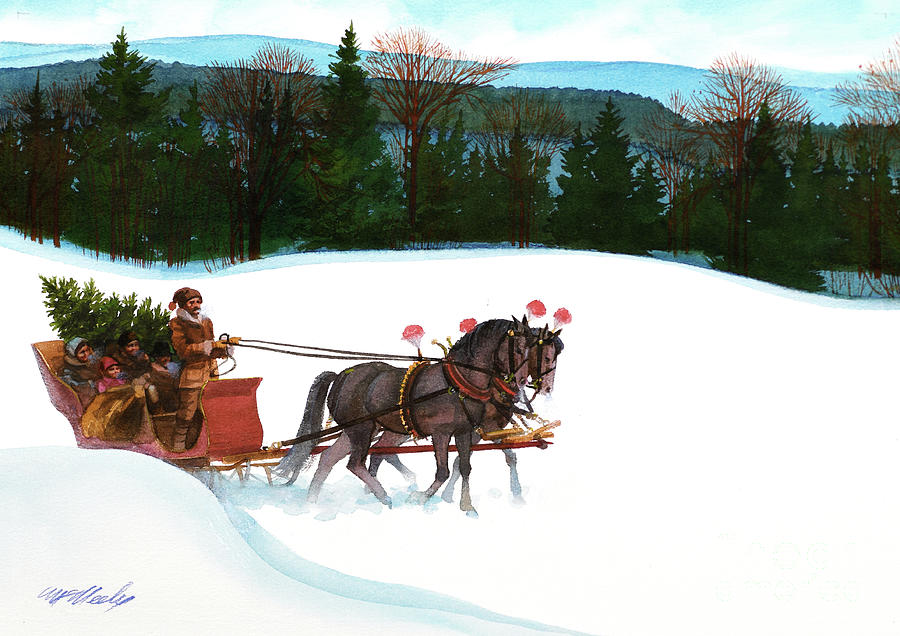 Christmas - Carrying Tree Home On Sleigh Painting by Tom McNeely