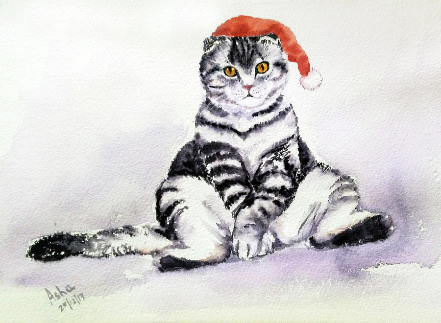 Christmas Cat Painting by Asha Sudhaker Shenoy