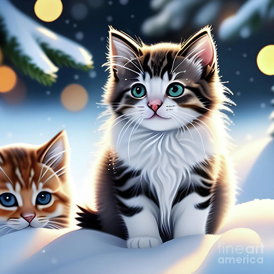 Christmas Cats in the Snow Digital Art by Eva Lechner