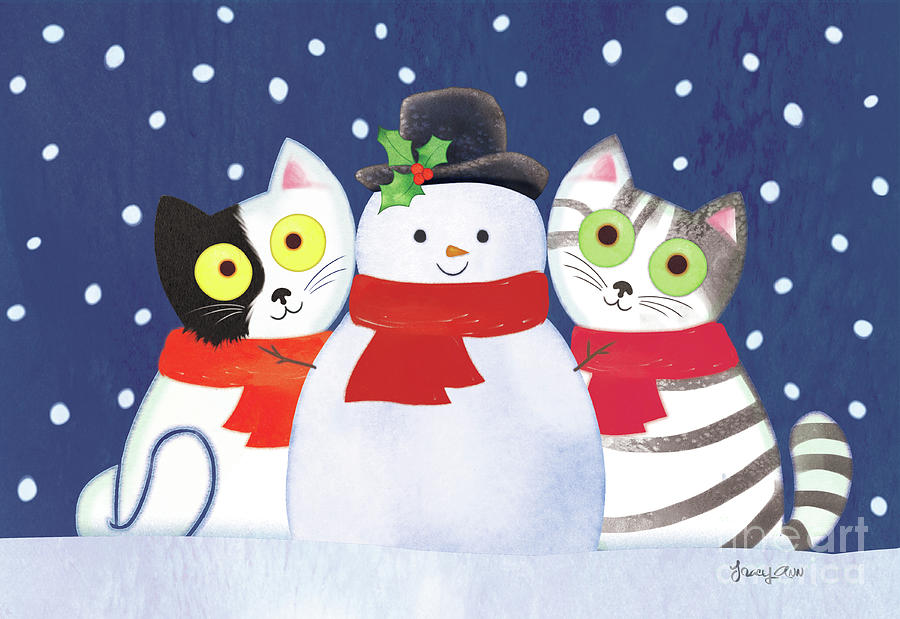 Christmas Cats with Snowman Painting by Tracy Herrmann