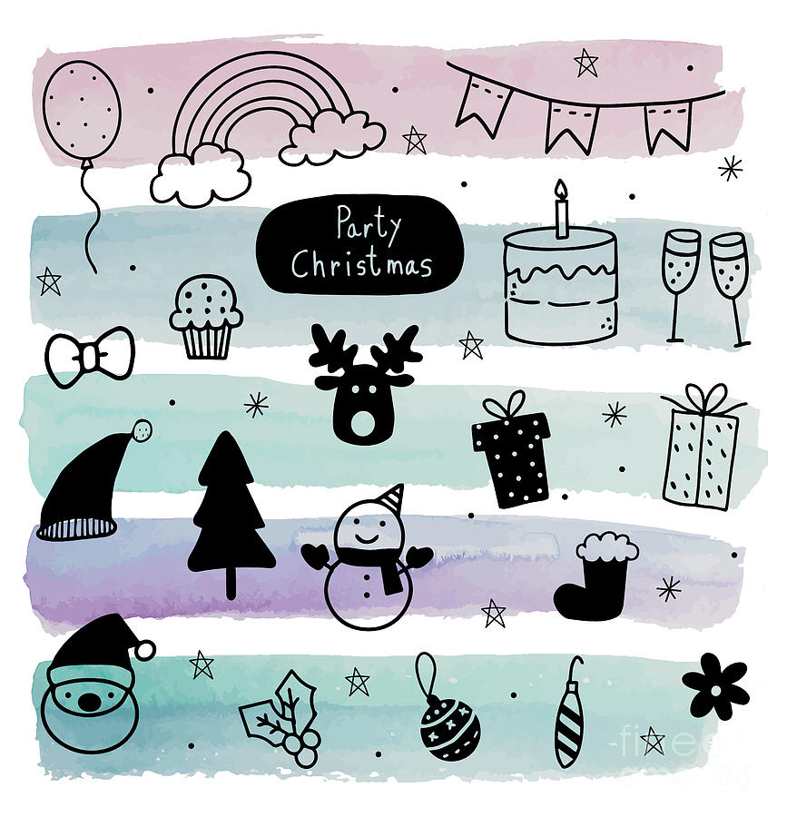Christmas Drawing - Christmas Celebration, Christmas Icons, Christmas Doodles Drawing, 2023 Christmas Party Illustration by Mounir Khalfouf