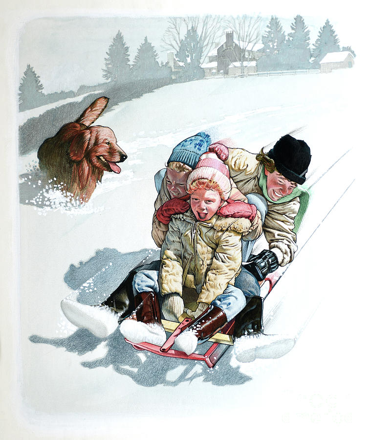 Christmas - Children Sledding Painting by Jim Butcher