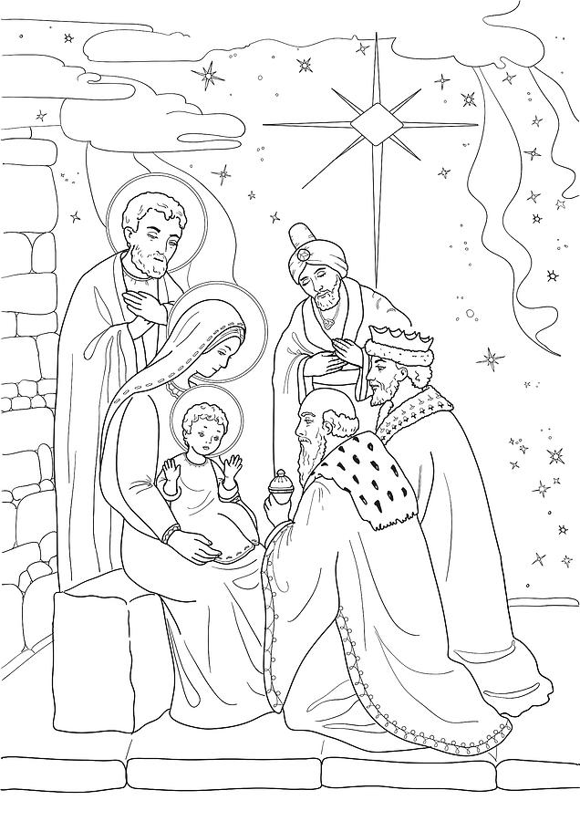 Christmas. Coloring page with baby Jesus, Mary Joseph, three wis