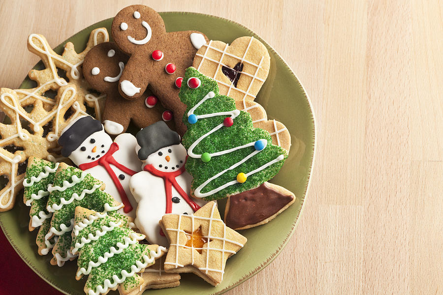 Christmas Cookie Holiday Plate Featuring Tree, Gingerbread, Snowman, Snowflake Desserts Photograph by YinYang
