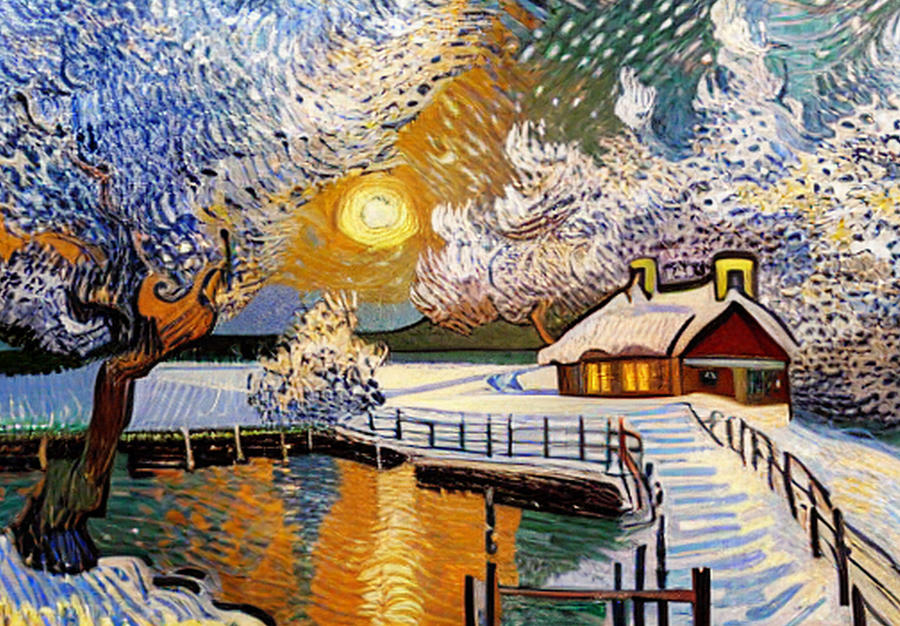 Christmas Cottage and Lake 2 Digital Art by Ron Harpham