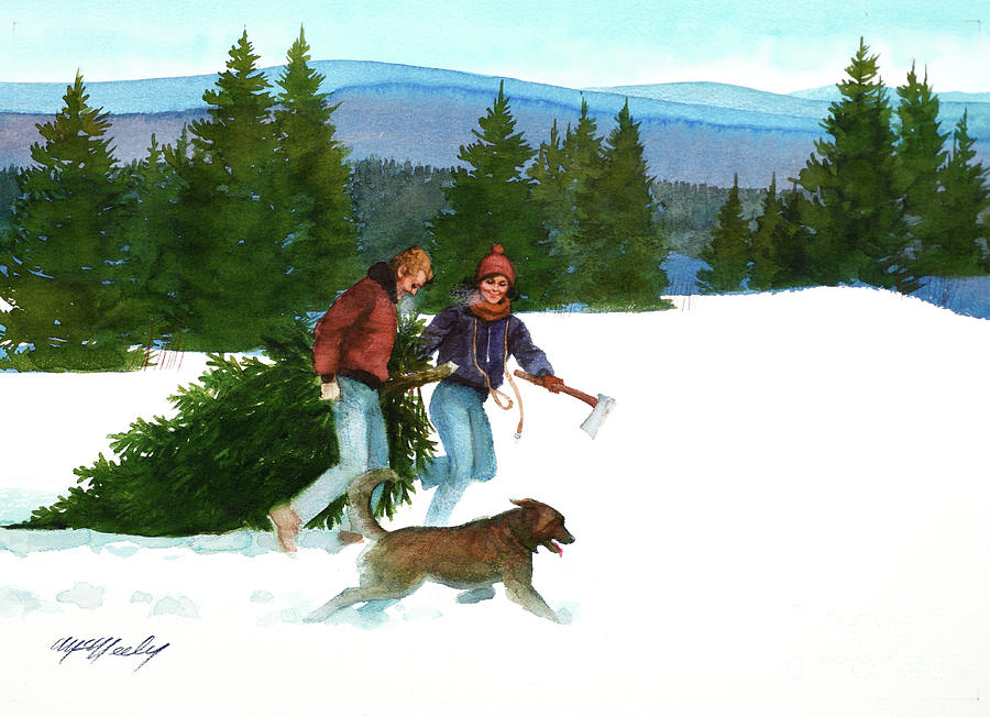 Christmas - Couple With Dog And Tree Painting by Tom McNeely