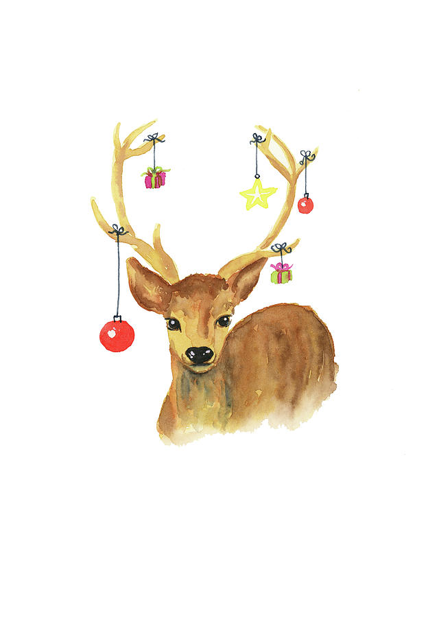 Christmas deer watercolor painting Painting by Karen Kaspar