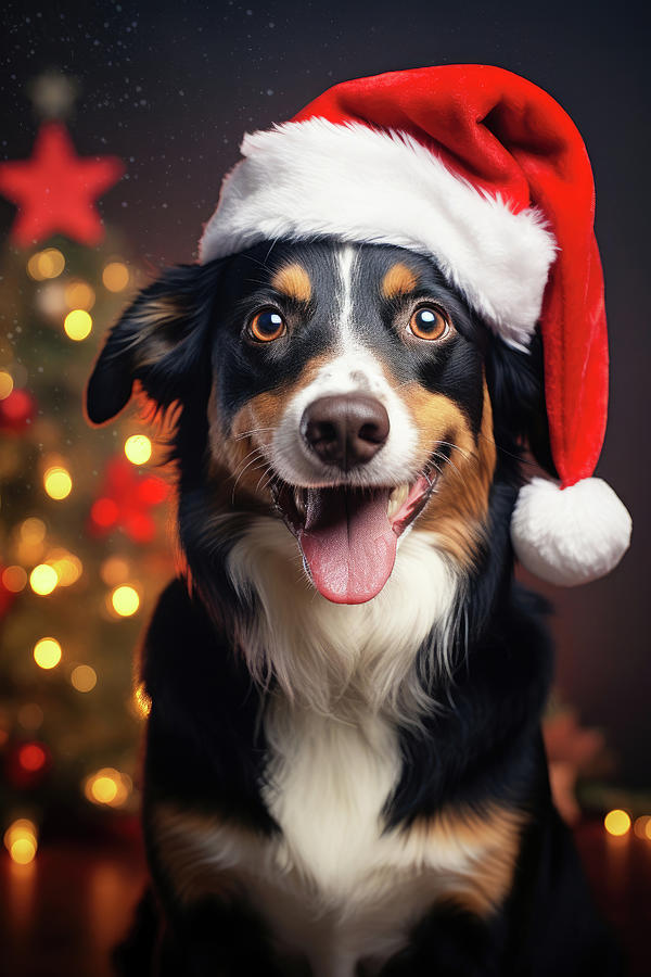 Christmas Dog with Santa Hat 02 Digital Art by Matthias Hauser