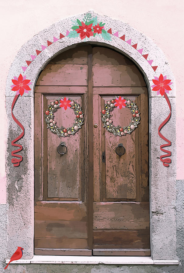 Christmas Door and Cardinal Digital Art by Gaby Ethington