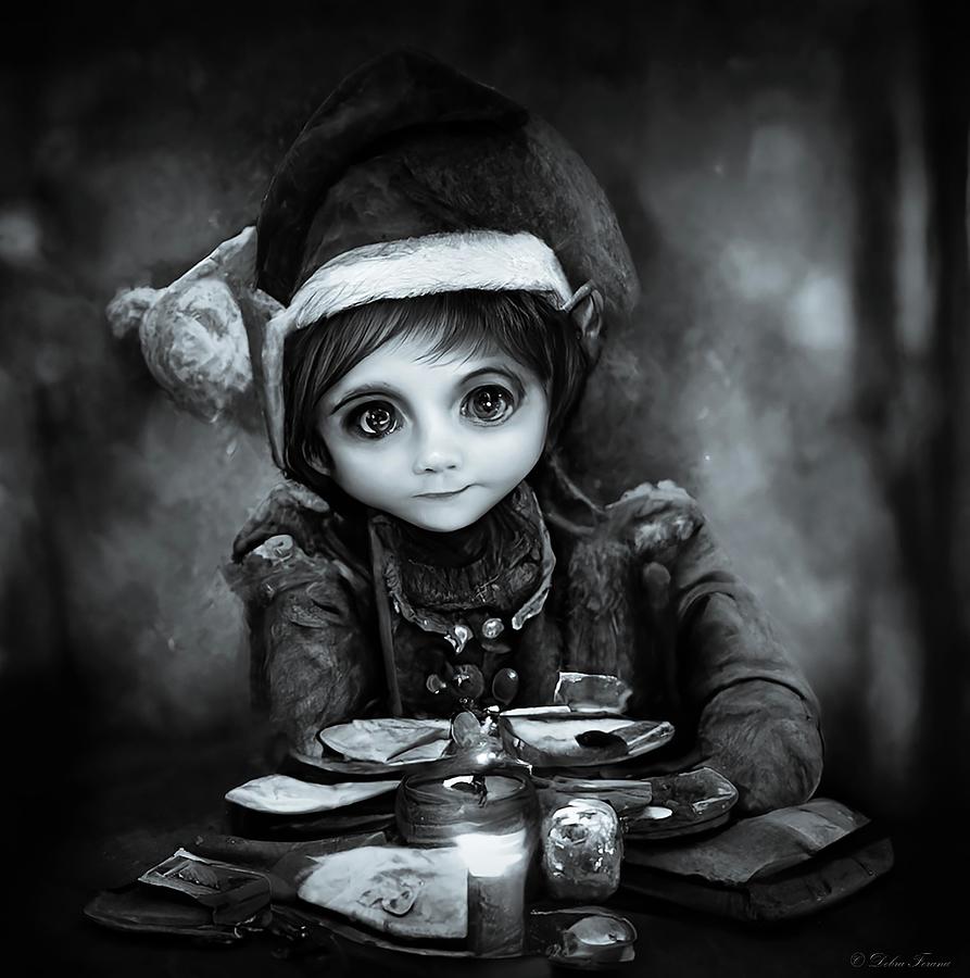 Christmas Elf Wink Frosthug BW  Digital Art by Debra Forand