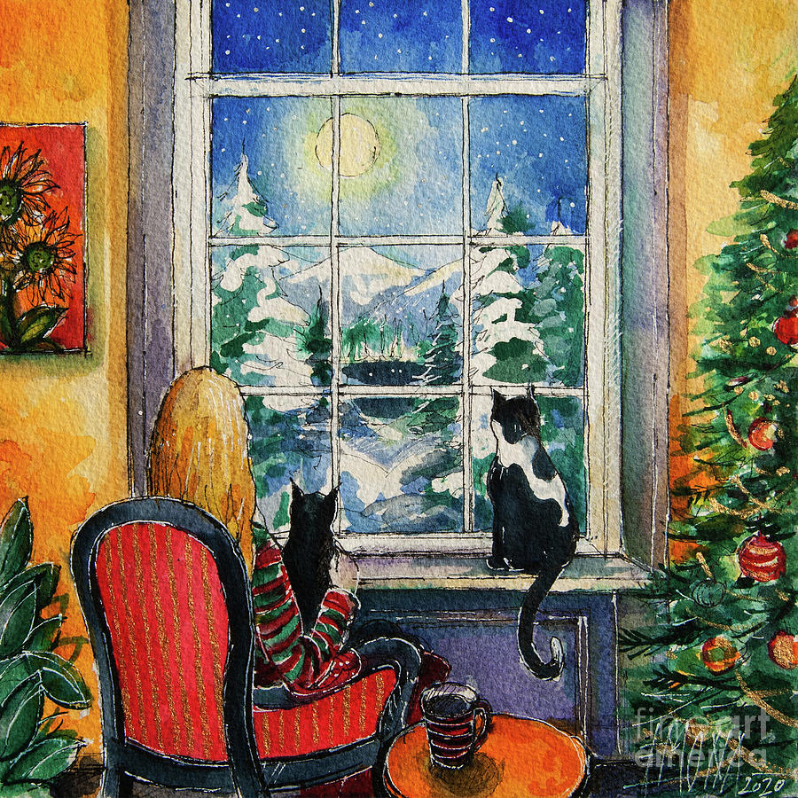 CHRISTMAS EVE AT THE WINDOW watercolor painting Mona Edulesco Painting by Mona Edulesco