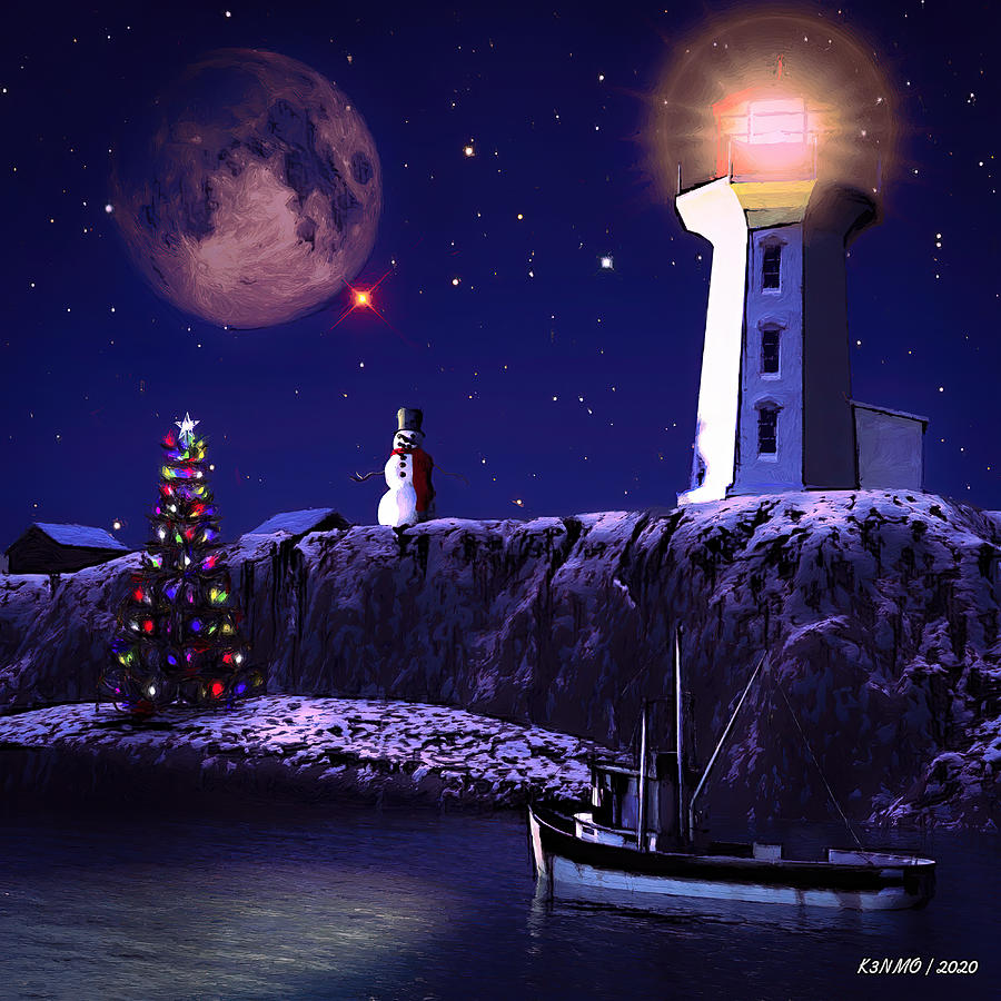 Christmas Eve Night in Peggys Cove Digital Art by Ken Morris