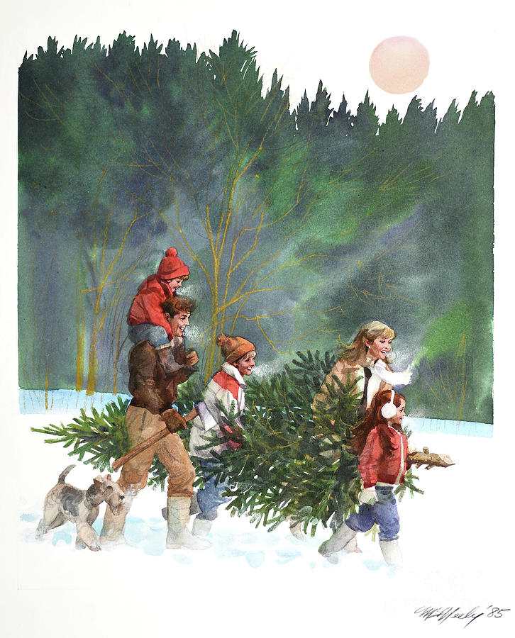 Christmas - Family Carrying Tree Painting by Tom McNeely