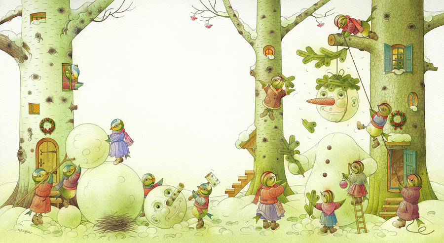 Christmas for the Chickadees Drawing by Kestutis Kasparavicius