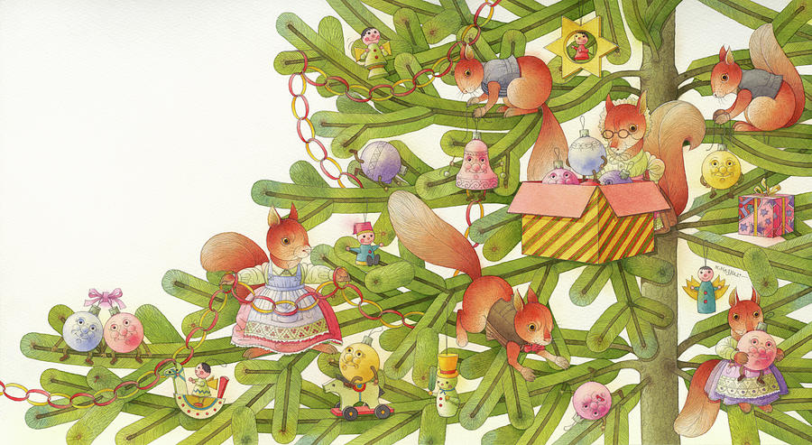 Christmas for the Squirrels Drawing by Kestutis Kasparavicius