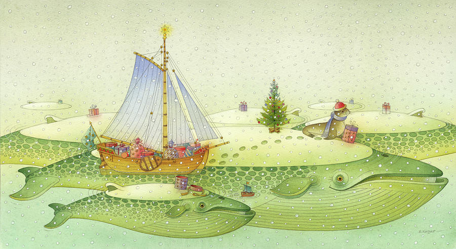 Christmas for the Whales  Drawing by Kestutis Kasparavicius