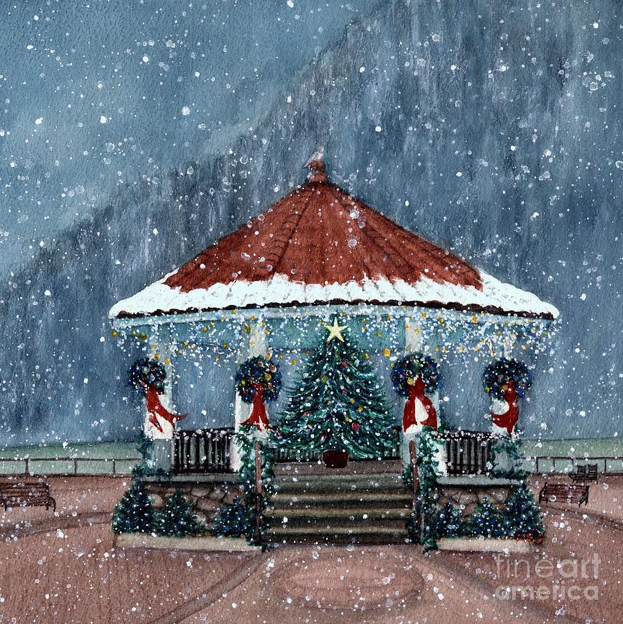Christmas Gazebo in Cold Spring NY SQ Painting by Janine Riley
