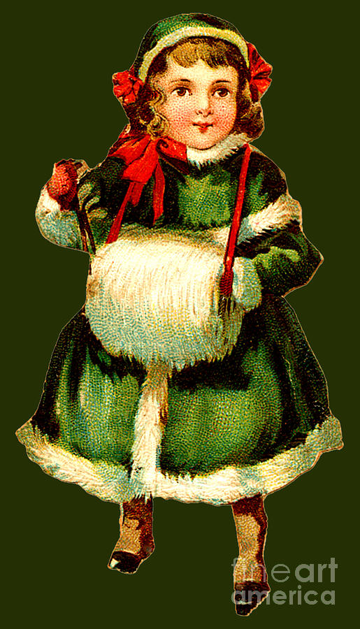 Christmas Girl In Green With White Muff Painting