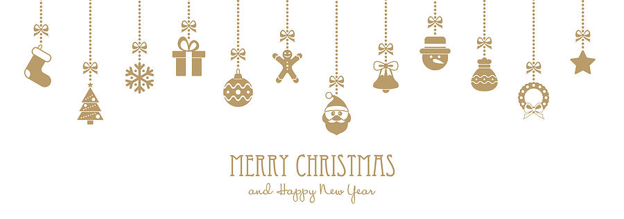 Christmas Golden Hanging Elements and Greeting Text - illustration Drawing by Pop_jop