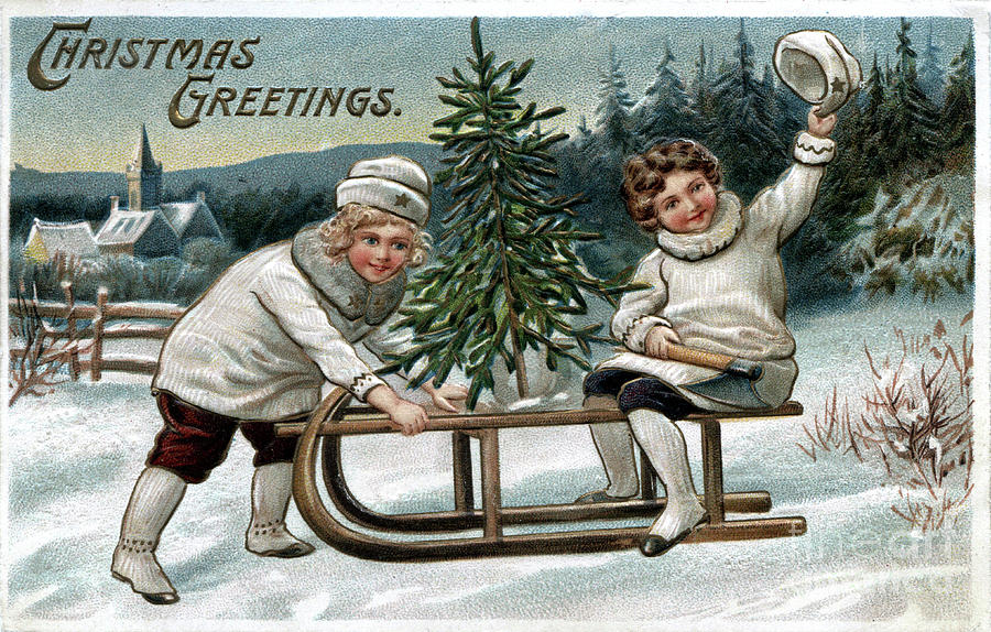 Christmas Greettings Girls on wooden sled Digital Art by Pete Klinger