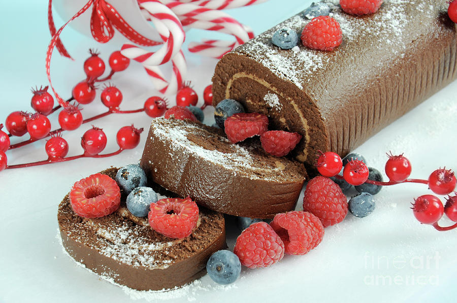 Christmas holiday chocolate roulade swiss roll Photograph by Milleflore Images