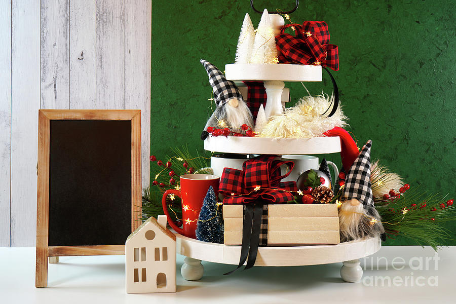 Christmas holiday on-trend Farmhouse aesthetic three tiered tray decor. Photograph by Milleflore Images