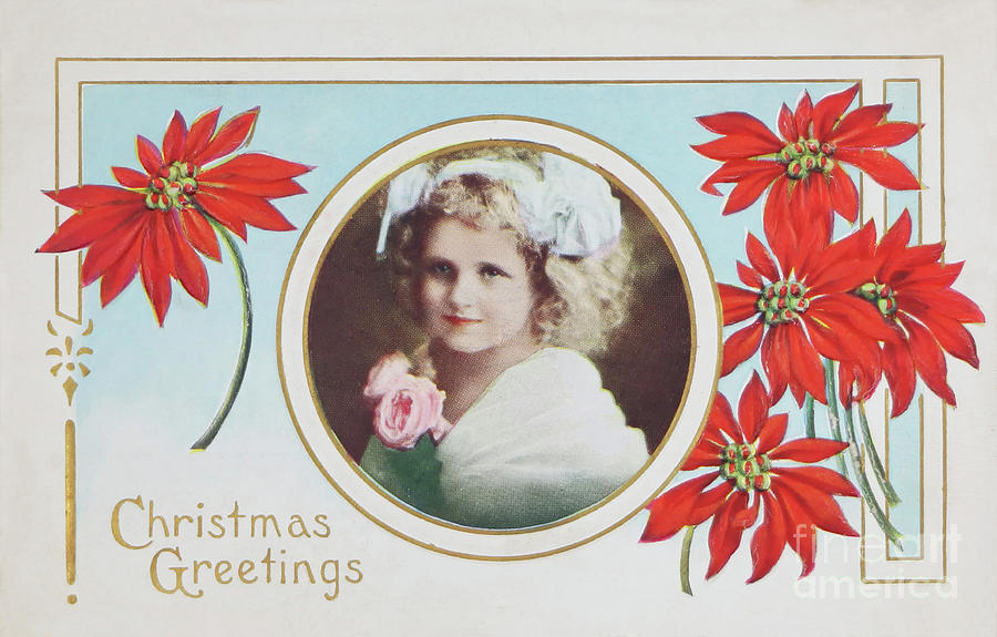 Christmas holiday vintage card poinsettia and young girl Digital Art by Pete Klinger