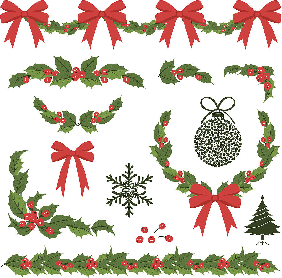 Christmas Holly Decorations and Ornaments Drawing by Diane Labombarbe