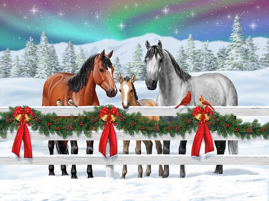 Christmas Scene Bay Buckskin Dapple Gray Horses In Snow