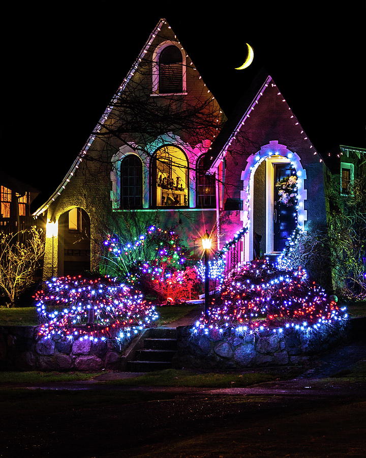 Christmas house on a moonlit night  Photograph by Alex Lyubar