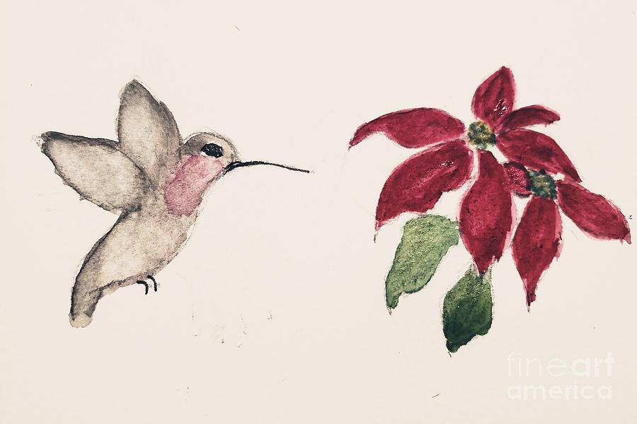 Christmas Hummingbird with Poinsettia  Painting by Margaret Welsh Willowsilk