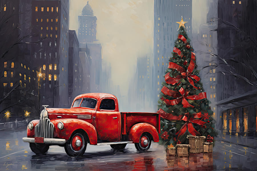 Christmas in New York City with the Iconic Red Truck Painting by Lourry Legarde