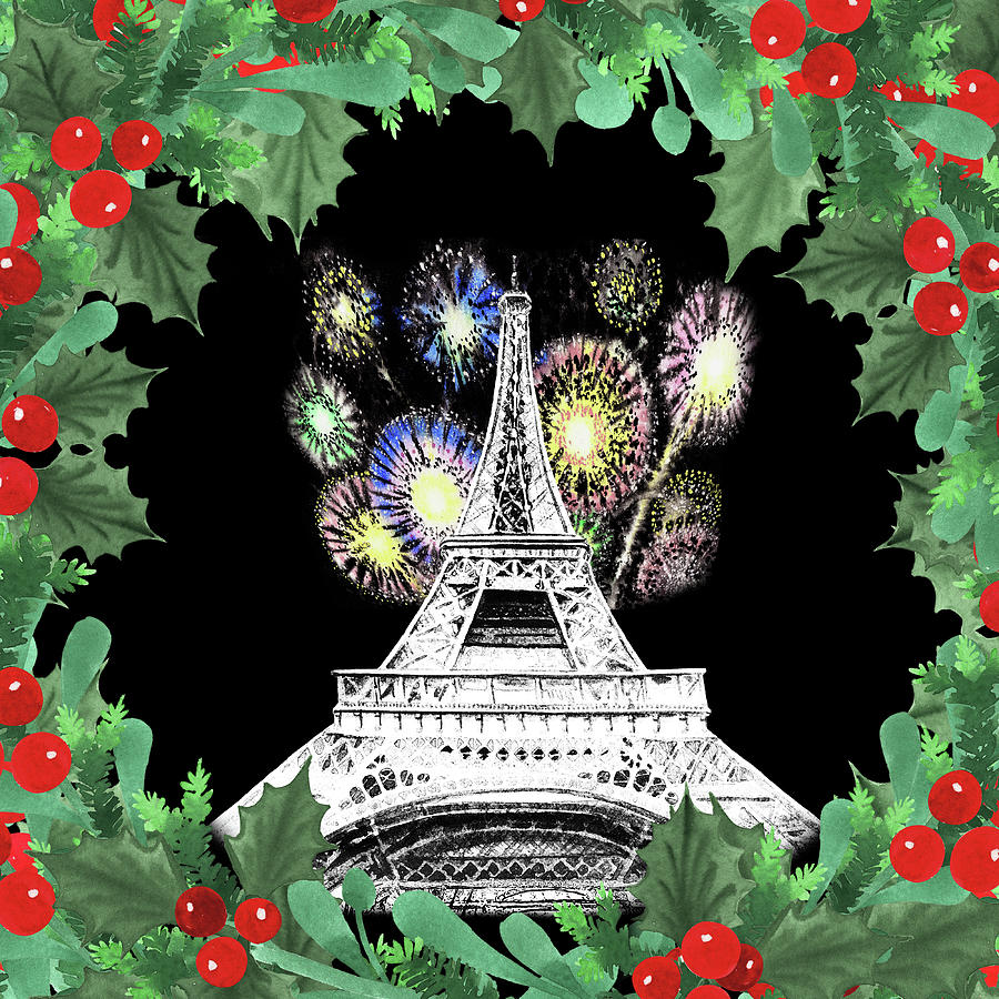 Christmas In Paris Eiffel Tower Wreath Fireworks Watercolor  Painting by Irina Sztukowski