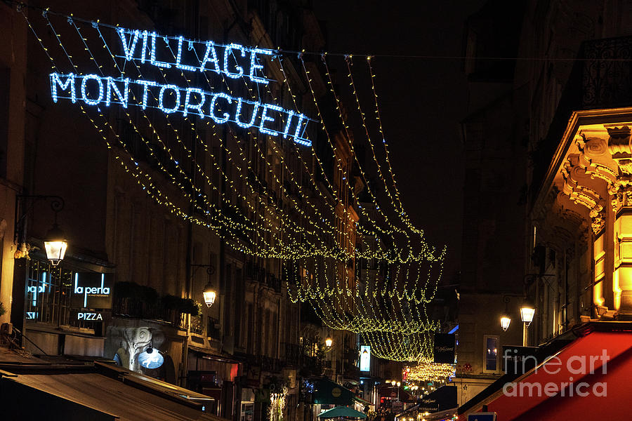 Christmas In Paris. Montorgueil Street At Night With Christmas Lights 