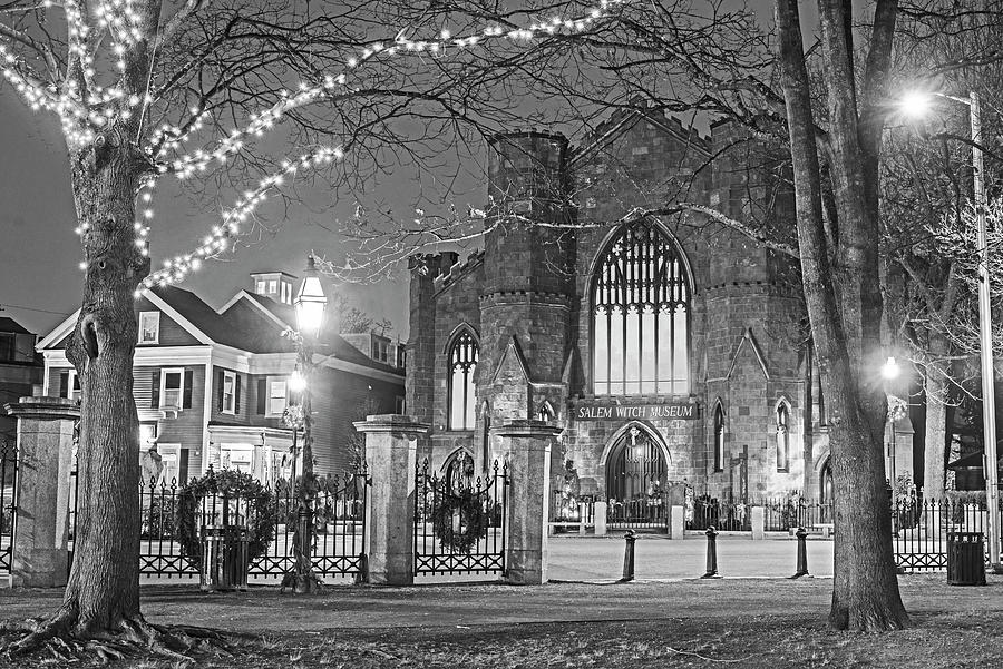 Christmas in Salem MA Washington Park Salem Witch Museum Black and White Photograph by Toby McGuire